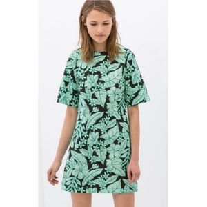 ZARA Green Black Flower Leaves Print Cotton Dress